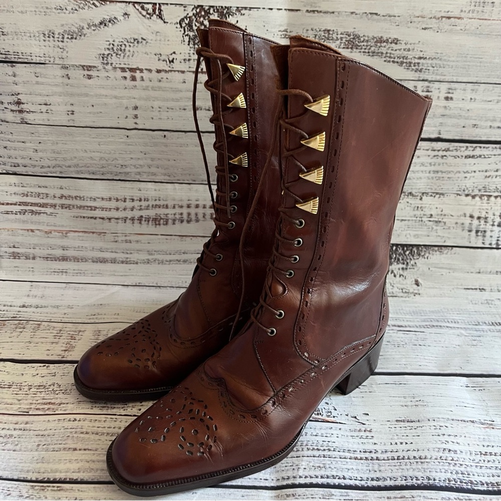 VIA SPIGA Brown Leather Lace Up Boots Gold Accents Size 5B Made In Italy EUC